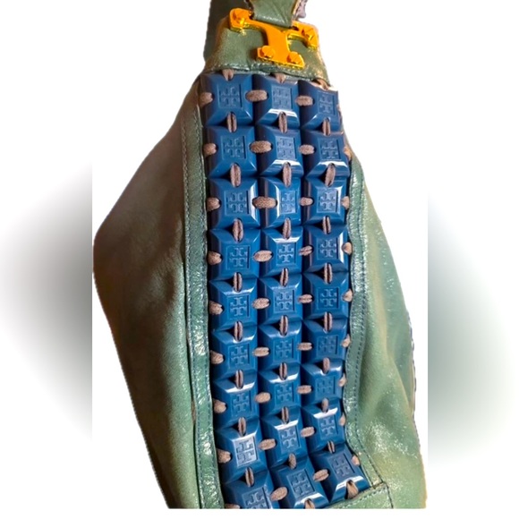 Tory Burch Vintage Green Shimmer Leather Blue Beaded Hobo Shoulder tote bag - Picture 2 of 16